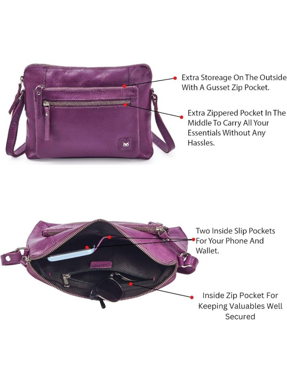 Women's Purple Genuine Leather Sling Purse with Adjustable Strap Crossbody bags - Picture 4 of 6